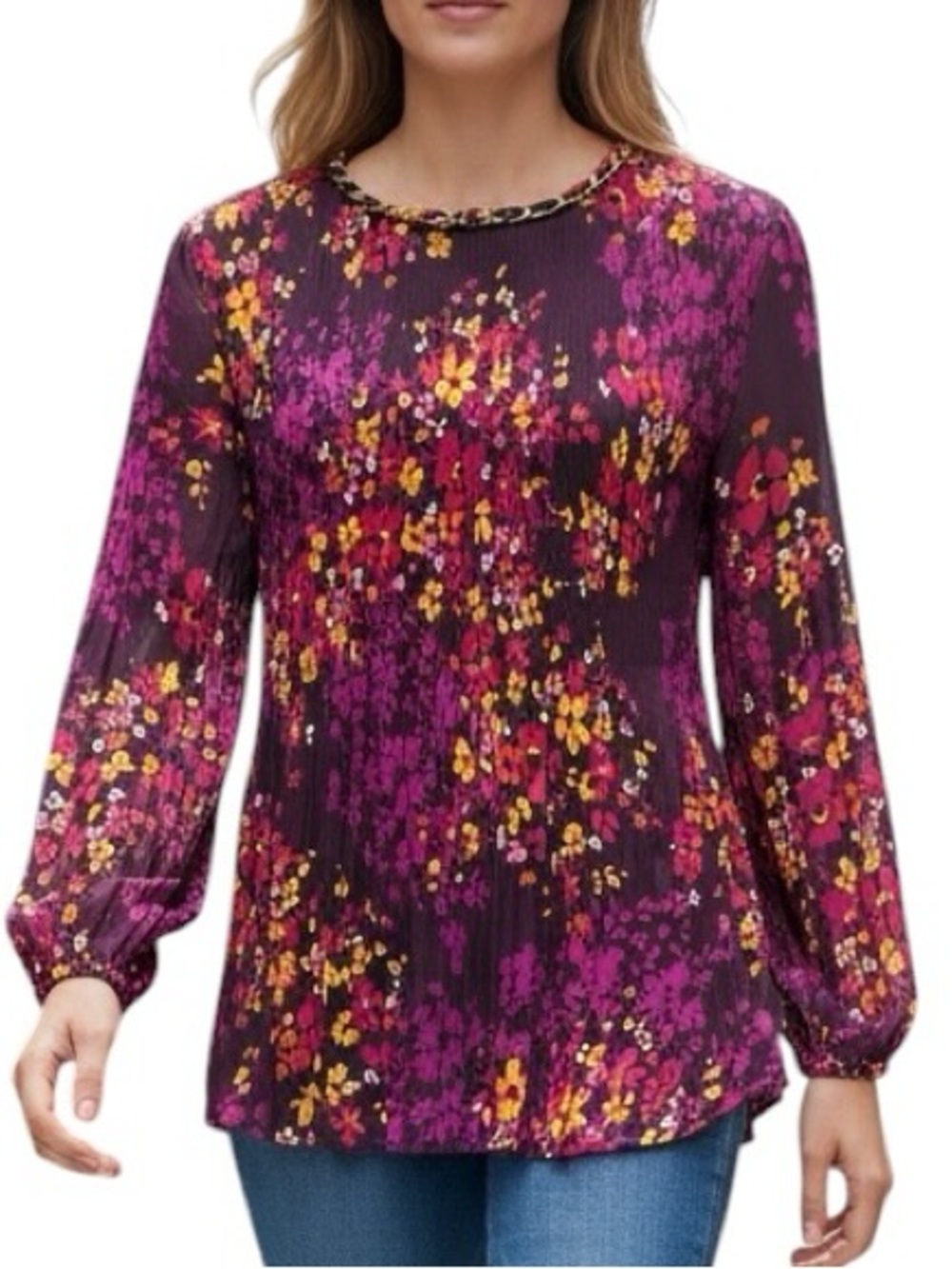 Cable & Gauge Plum Floral Long-Sleeve Blouse Pink Yellow Flowers Size Large